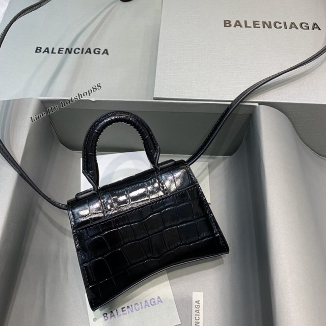 Balenciaga專櫃爆款迷你鱷魚黑配黑扣手提女包 巴黎世家mini Hourglass沙漏包 fyj1931